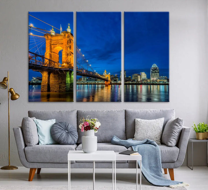 Cincinnati City Bridge Night View Skyline Cityscape Wall Art Canvas Print