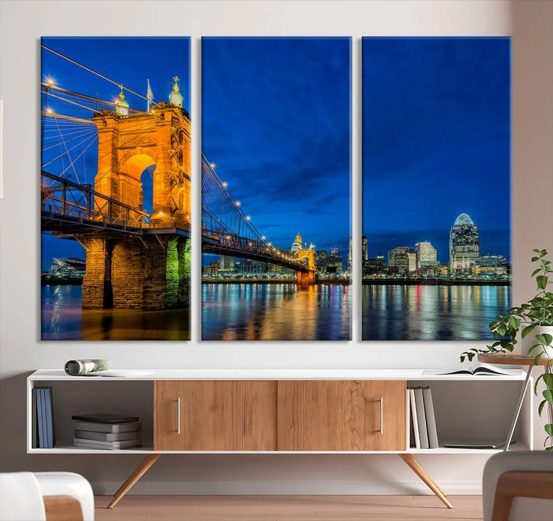 Cincinnati City Bridge Night View Skyline Cityscape Wall Art Canvas Print