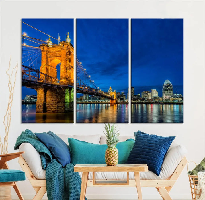 Cincinnati City Bridge Night View Skyline Cityscape Wall Art Canvas Print