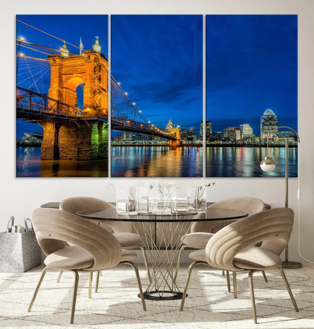 Cincinnati City Bridge Night View Skyline Cityscape Wall Art Canvas Print