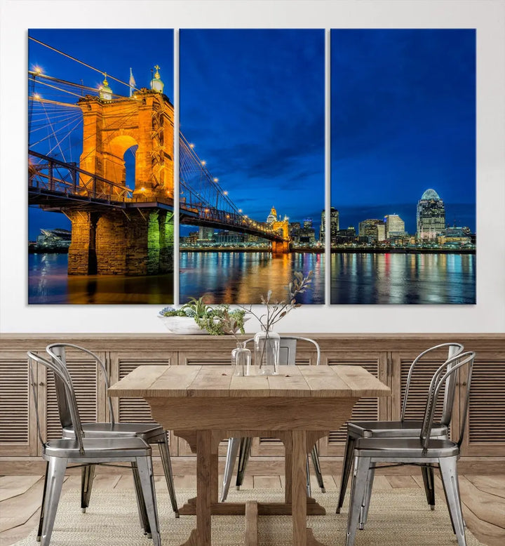 Cincinnati City Bridge Night View Skyline Cityscape Wall Art Canvas Print