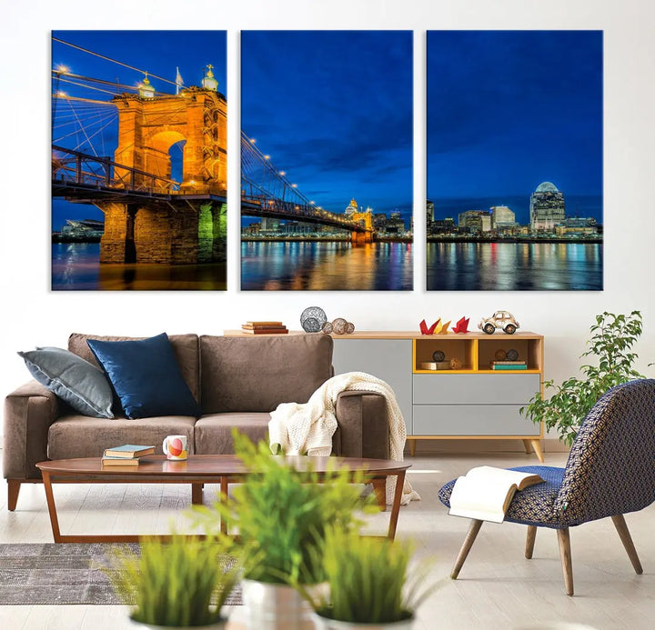 Cincinnati City Bridge Night View Skyline Cityscape Wall Art Canvas Print