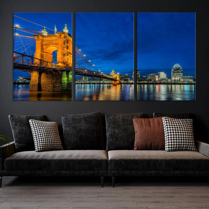 Cincinnati City Bridge Night View Skyline Cityscape Wall Art Canvas Print