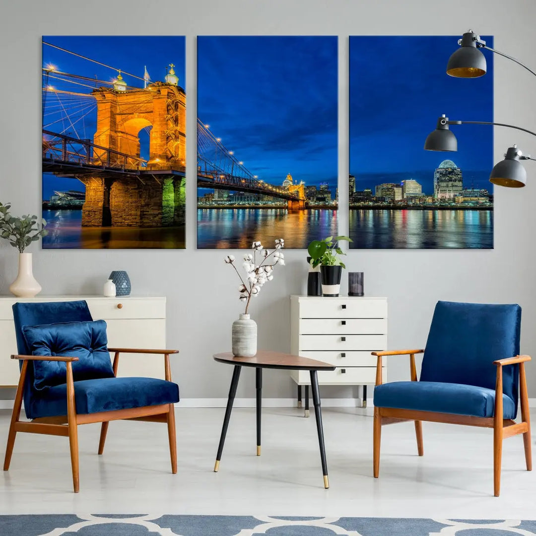 Cincinnati City Bridge Night View Skyline Cityscape Wall Art Canvas Print