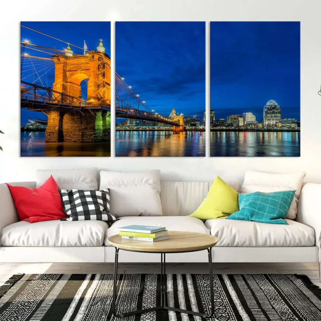 Cincinnati City Bridge Night View Skyline Cityscape Wall Art Canvas Print