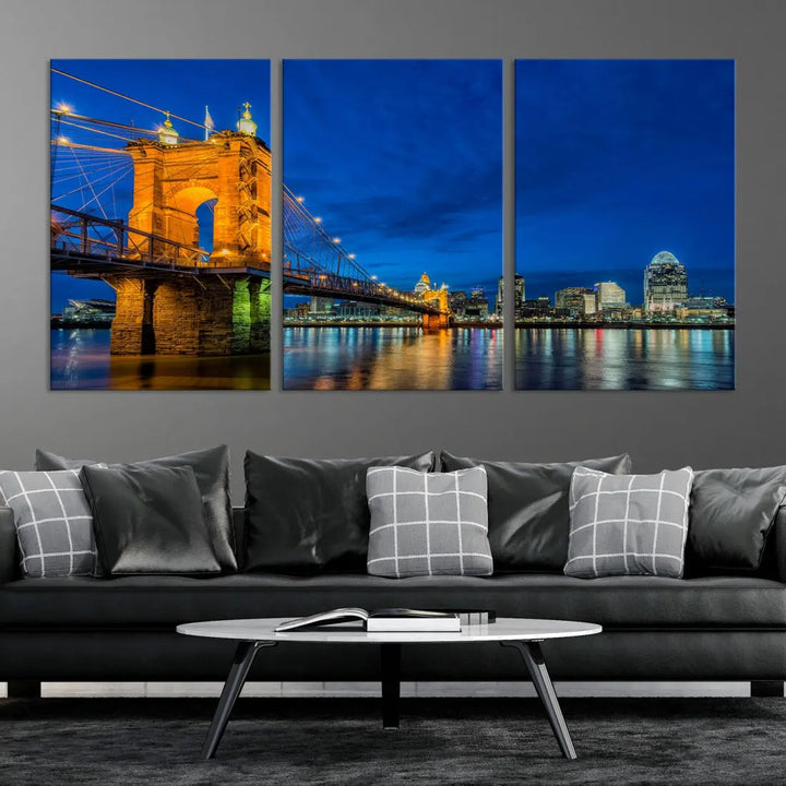 Cincinnati City Bridge Night View Skyline Cityscape Wall Art Canvas Print