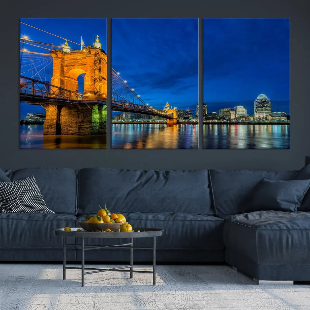 Cincinnati City Bridge Night View Skyline Cityscape Wall Art Canvas Print