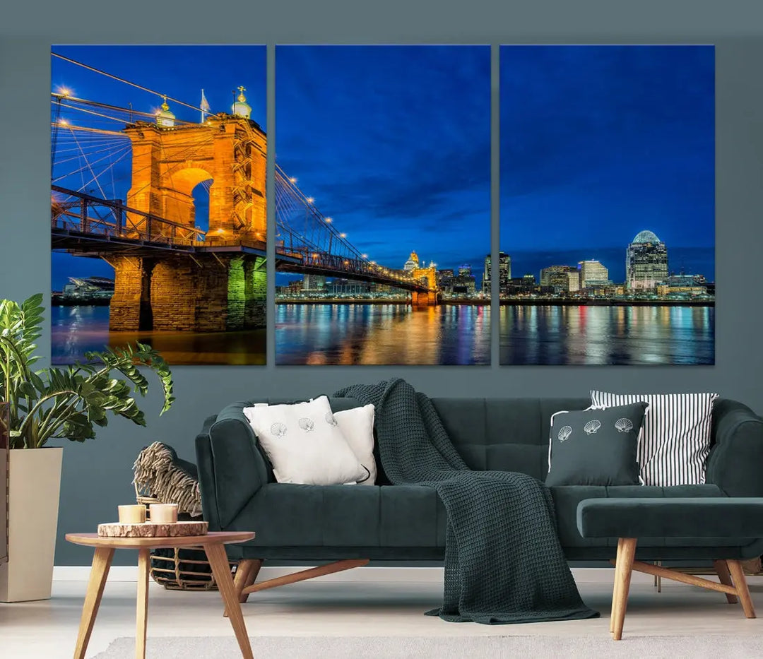 Cincinnati City Bridge Night View Skyline Cityscape Wall Art Canvas Print