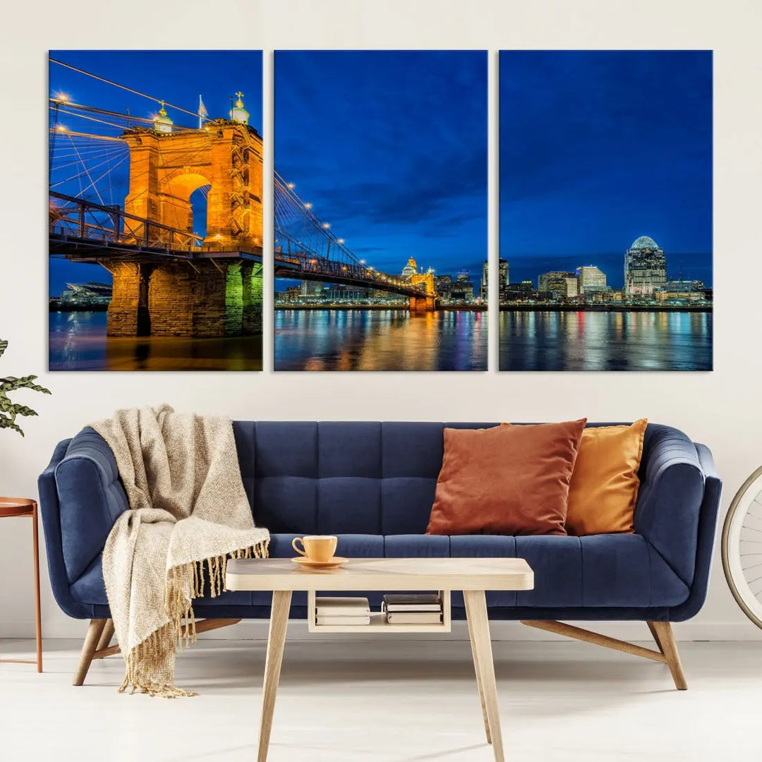 Cincinnati City Bridge Night View Skyline Cityscape Wall Art Canvas Print