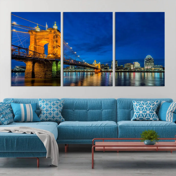 Cincinnati City Bridge Night View Skyline Cityscape Wall Art Canvas Print