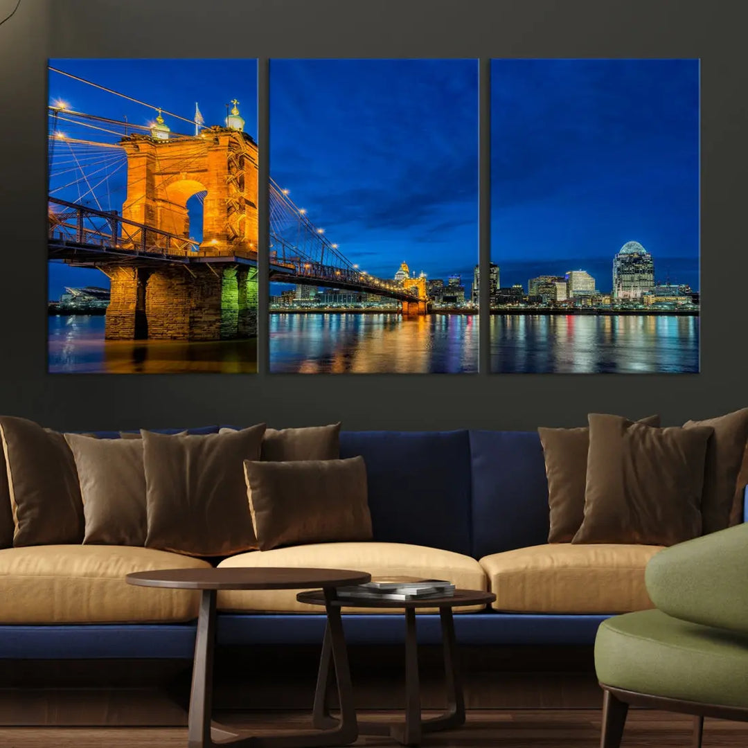 Cincinnati City Bridge Night View Skyline Cityscape Wall Art Canvas Print