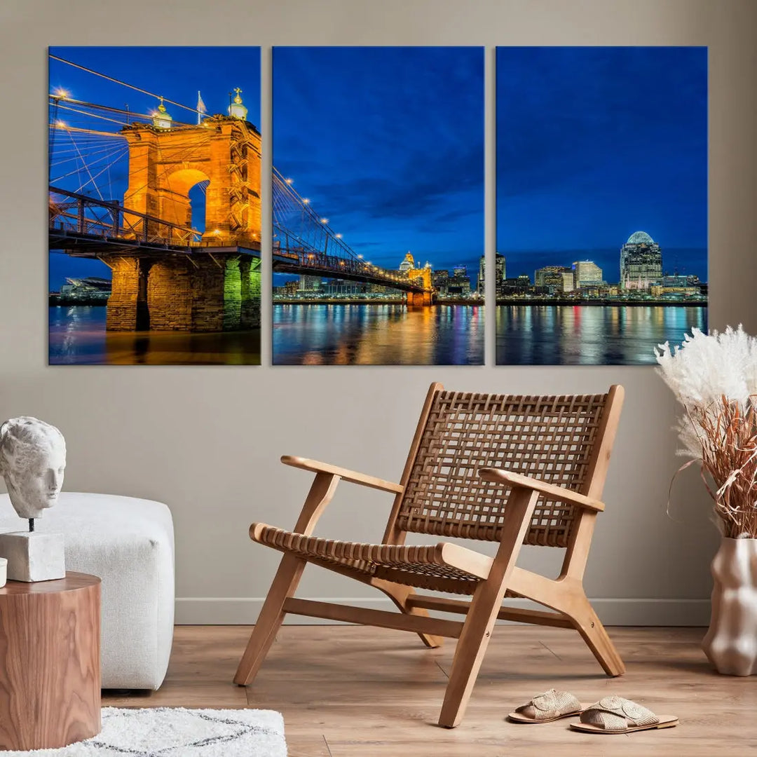 Cincinnati City Bridge Night View Skyline Cityscape Wall Art Canvas Print