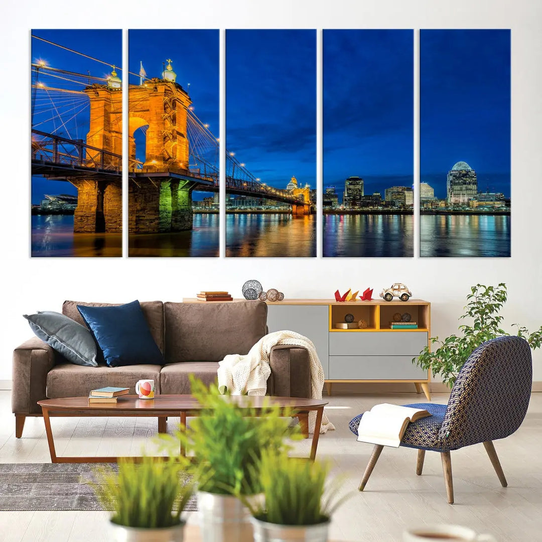 Cincinnati City Bridge Night View Skyline Cityscape Wall Art Canvas Print