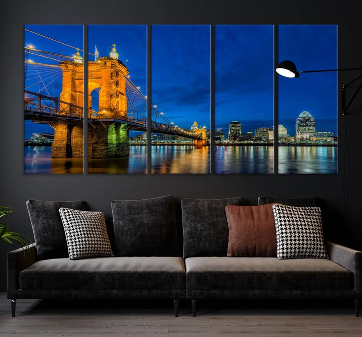 Cincinnati City Bridge Night View Skyline Cityscape Wall Art Canvas Print