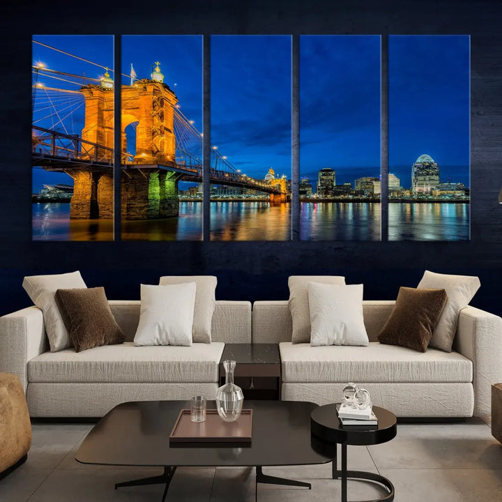 Cincinnati City Bridge Night View Skyline Cityscape Wall Art Canvas Print