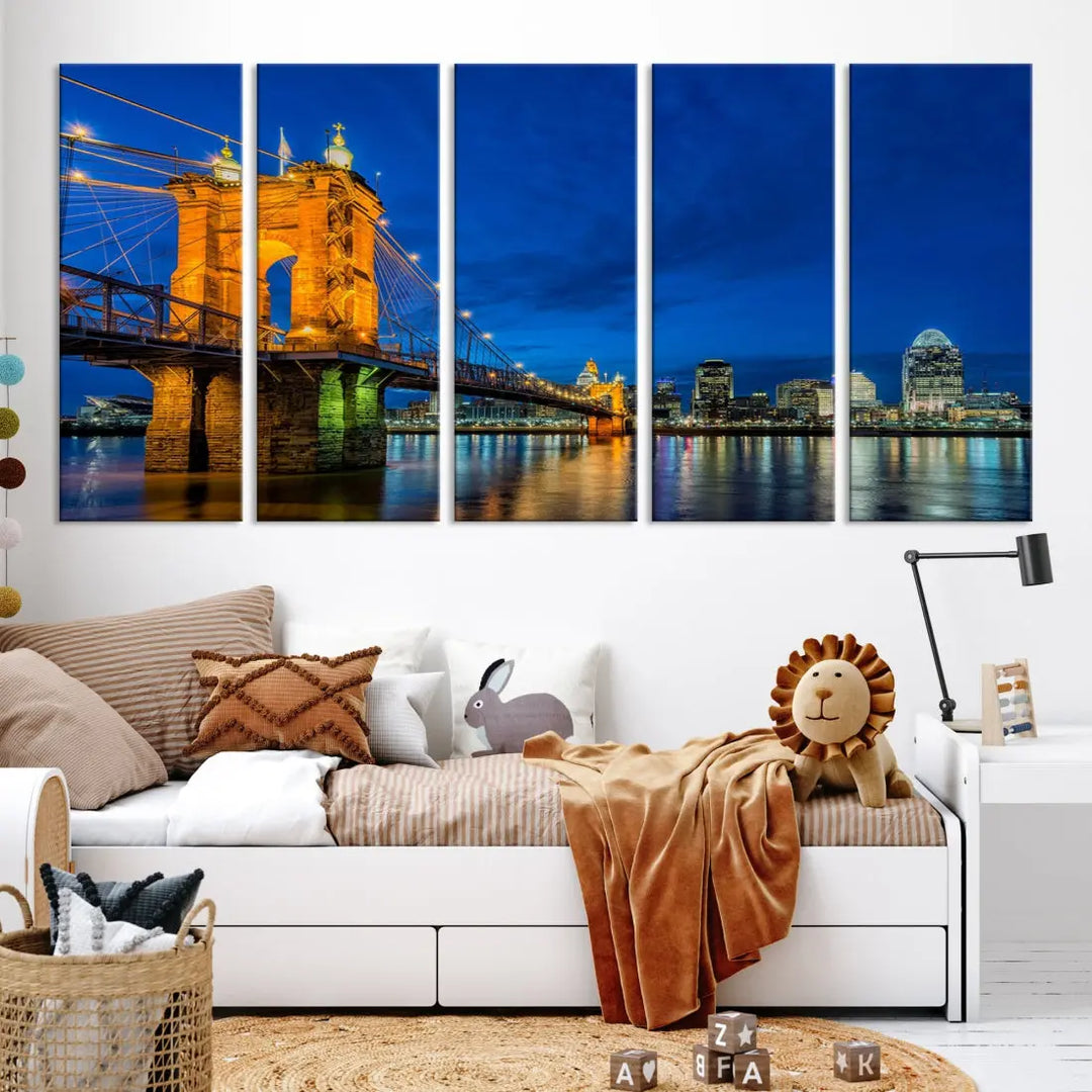 Cincinnati City Bridge Night View Skyline Cityscape Wall Art Canvas Print