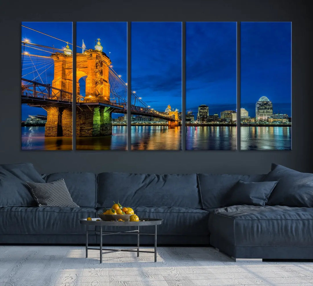 Cincinnati City Bridge Night View Skyline Cityscape Wall Art Canvas Print