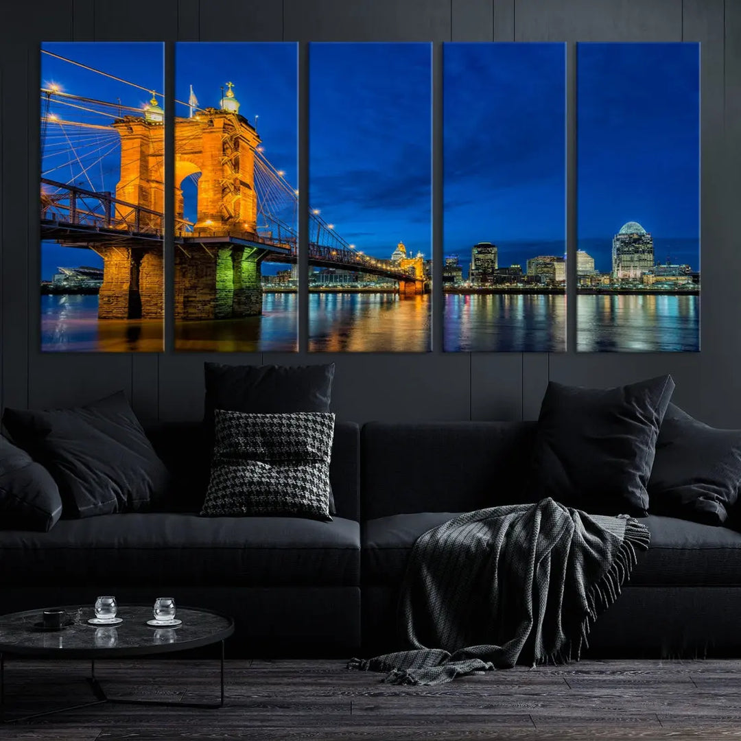 Cincinnati City Bridge Night View Skyline Cityscape Wall Art Canvas Print