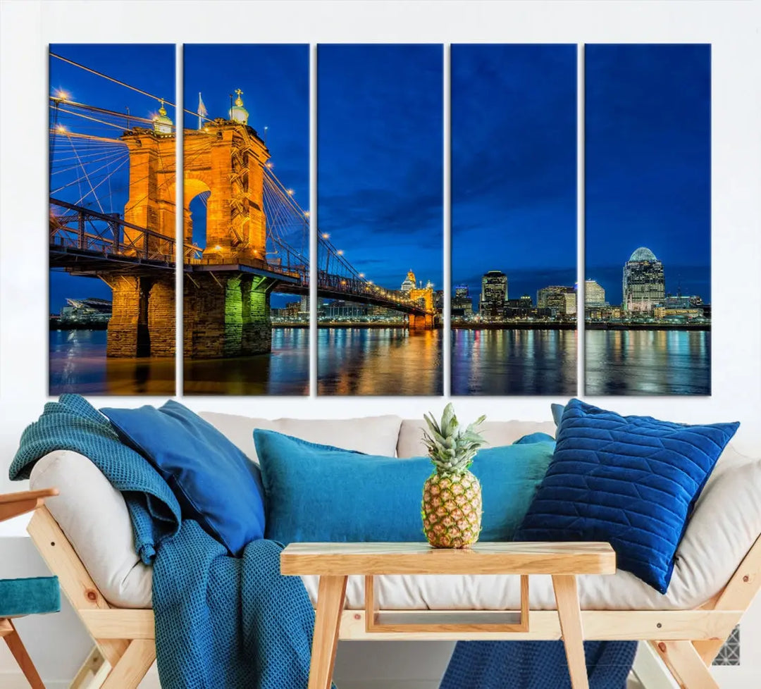 Cincinnati City Bridge Night View Skyline Cityscape Wall Art Canvas Print