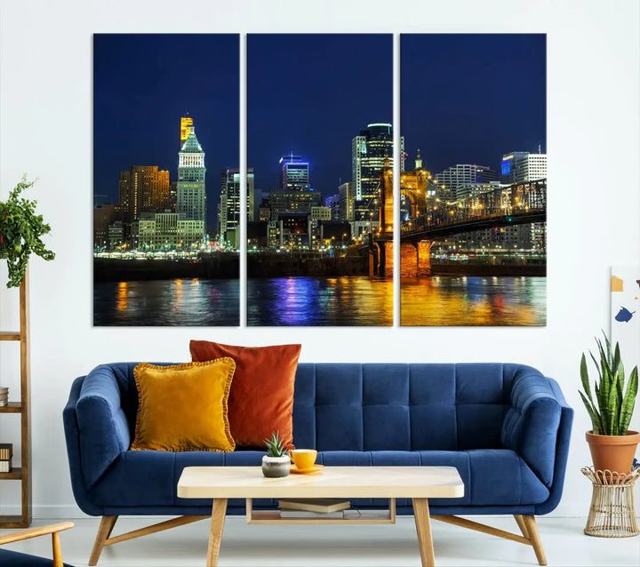 Cincinnati City Downtown Night Skyline Cityscape Canvas Wall Art Print