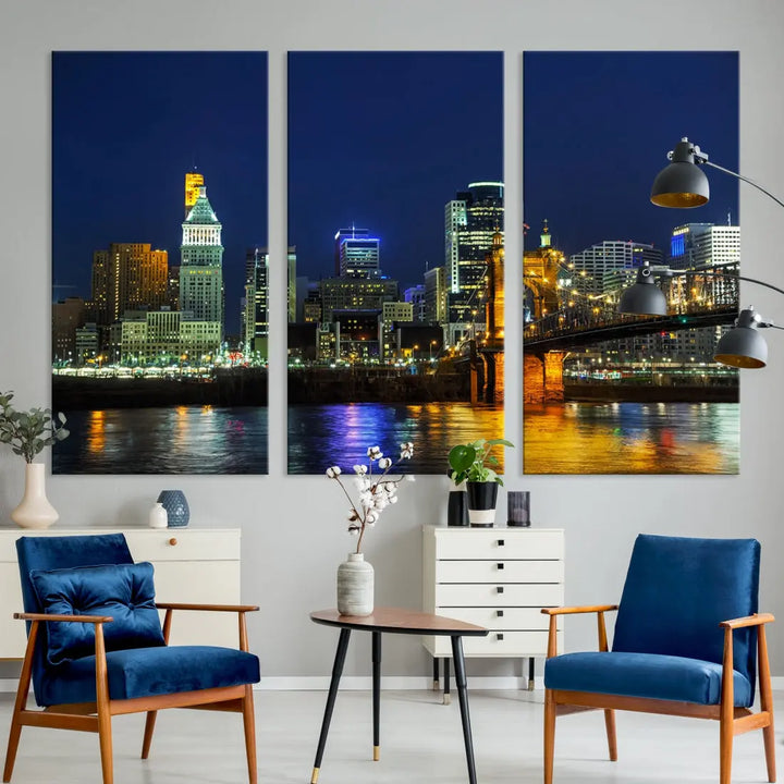 Cincinnati City Downtown Night Skyline Cityscape Canvas Wall Art Print