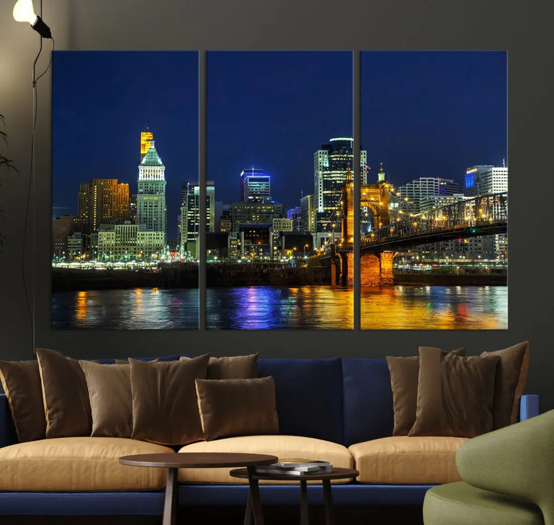 Cincinnati City Downtown Night Skyline Cityscape Canvas Wall Art Print