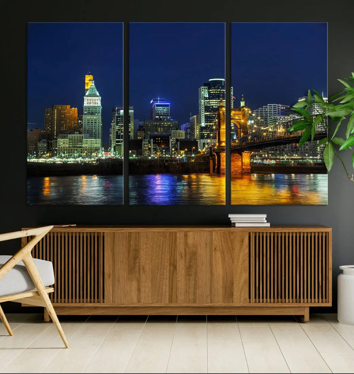 Cincinnati City Downtown Night Skyline Cityscape Canvas Wall Art Print