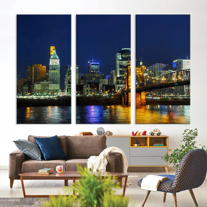 Cincinnati City Downtown Night Skyline Cityscape Canvas Wall Art Print