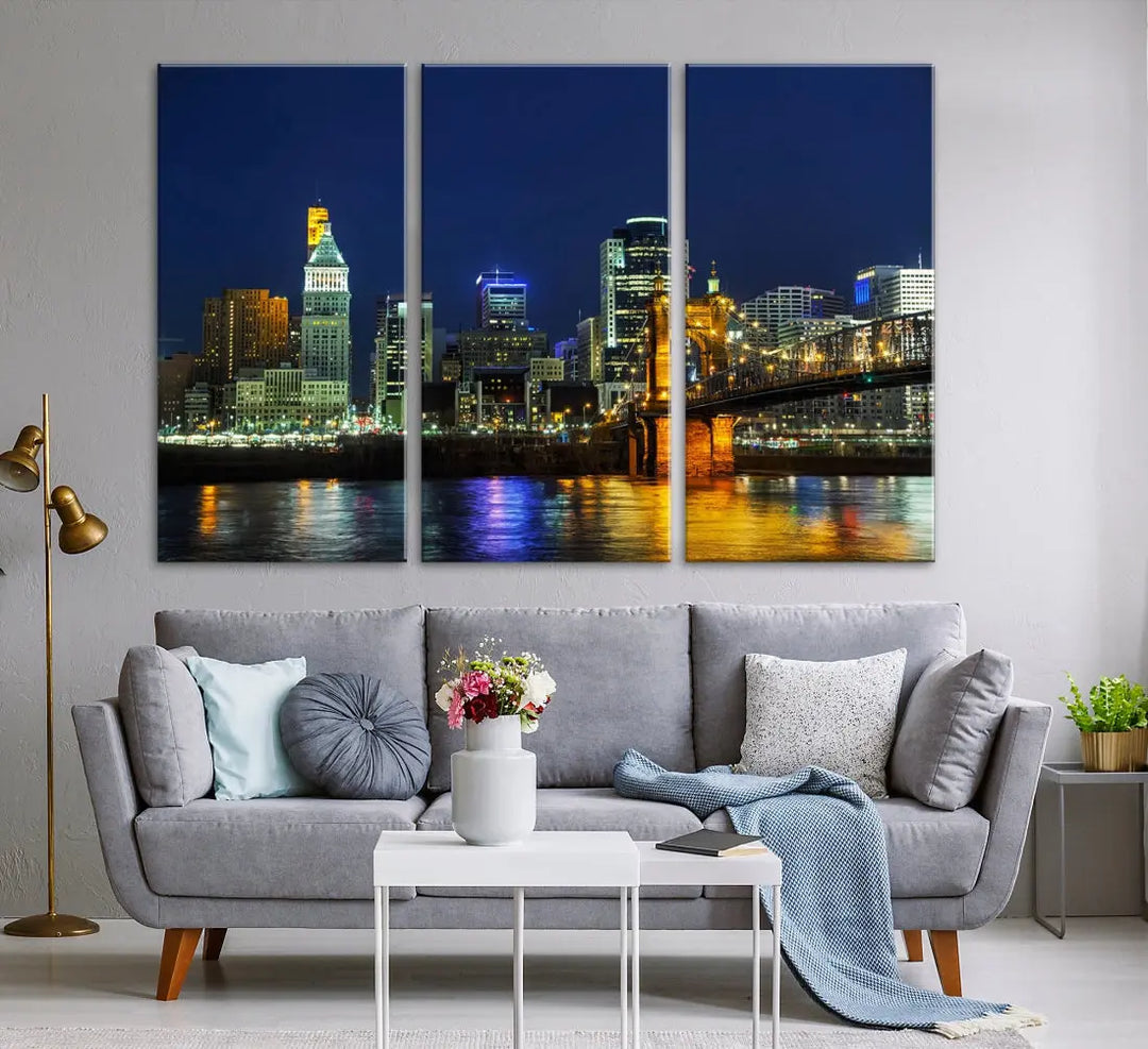 Cincinnati City Downtown Night Skyline Cityscape Canvas Wall Art Print