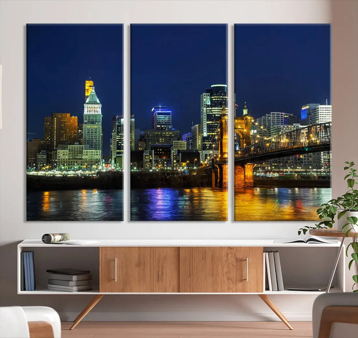 Cincinnati City Downtown Night Skyline Cityscape Canvas Wall Art Print