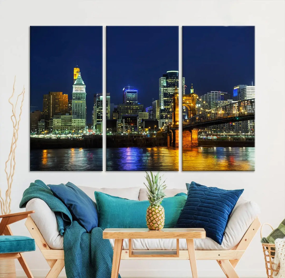 Cincinnati City Downtown Night Skyline Cityscape Canvas Wall Art Print