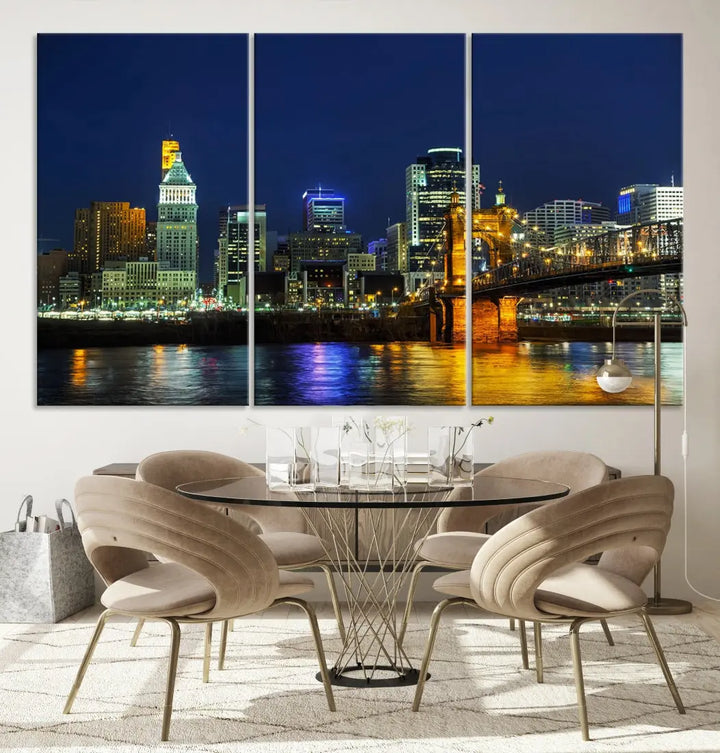 Cincinnati City Downtown Night Skyline Cityscape Canvas Wall Art Print