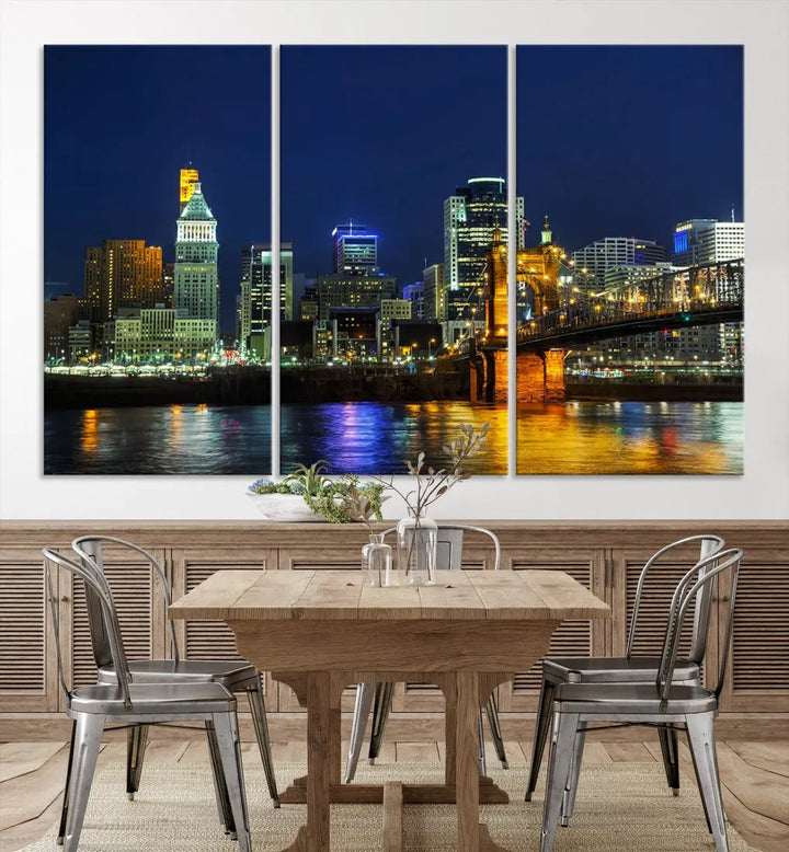 Cincinnati City Downtown Night Skyline Cityscape Canvas Wall Art Print