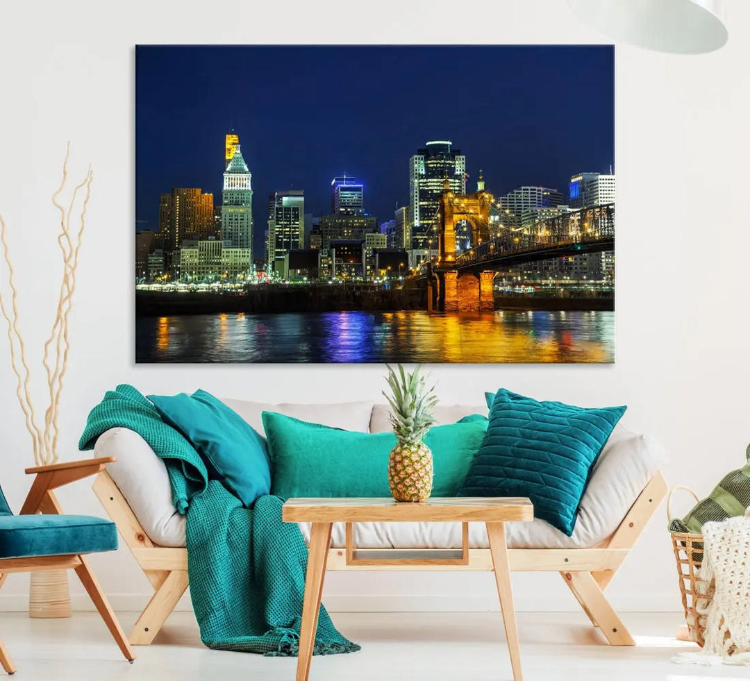 Cincinnati City Downtown Night Skyline Cityscape Canvas Wall Art Print