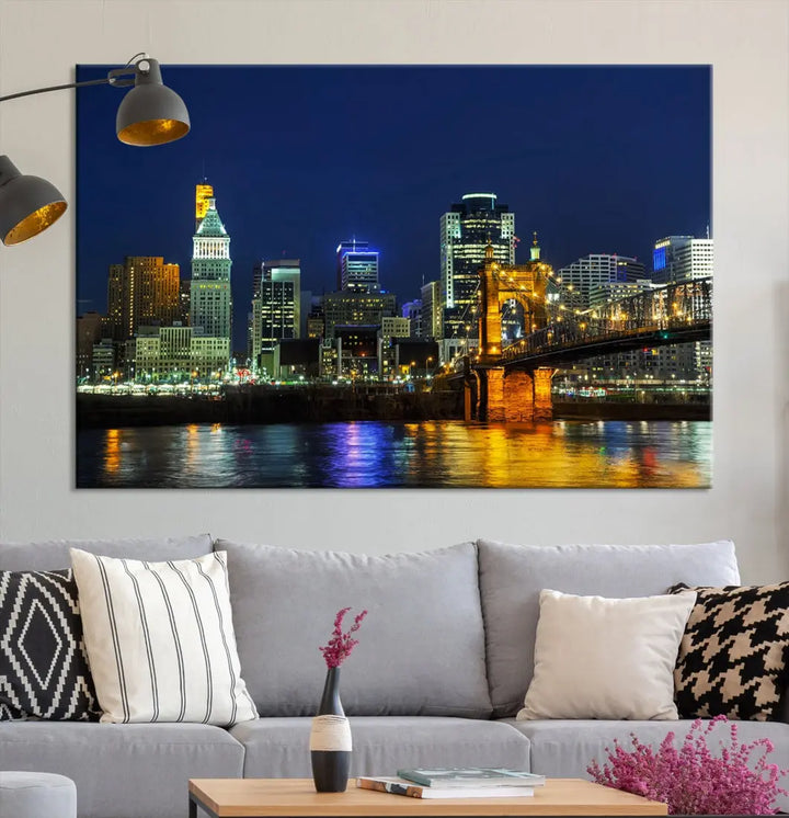 Cincinnati City Downtown Night Skyline Cityscape Canvas Wall Art Print