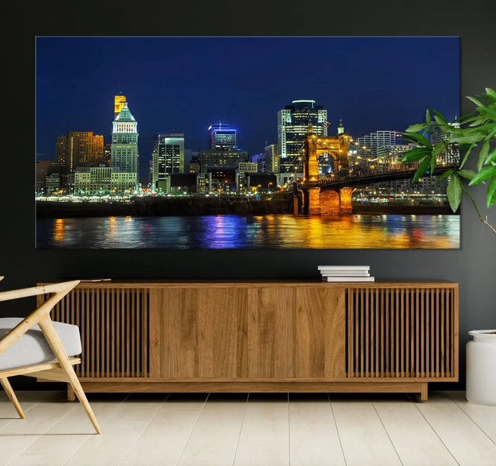 Cincinnati City Downtown Night Skyline Cityscape Canvas Wall Art Print