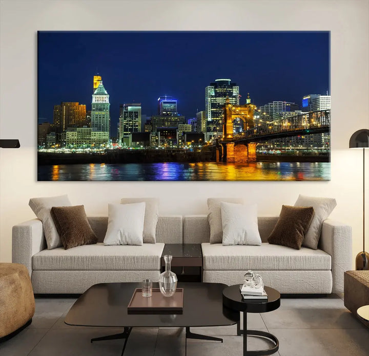 Cincinnati City Downtown Night Skyline Cityscape Canvas Wall Art Print