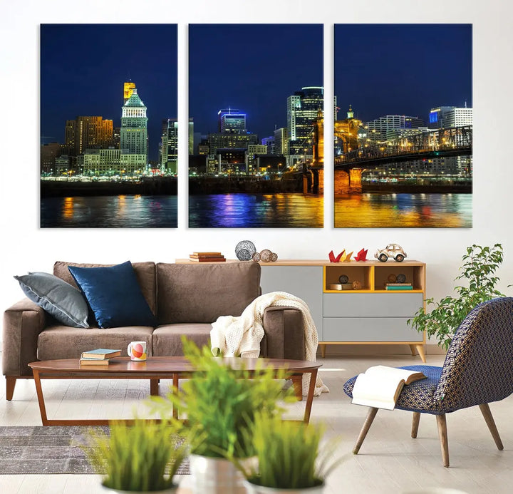 Cincinnati City Downtown Night Skyline Cityscape Canvas Wall Art Print