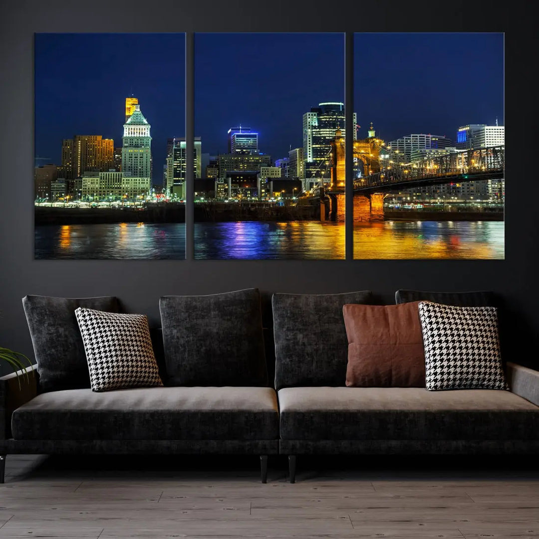 Cincinnati City Downtown Night Skyline Cityscape Canvas Wall Art Print