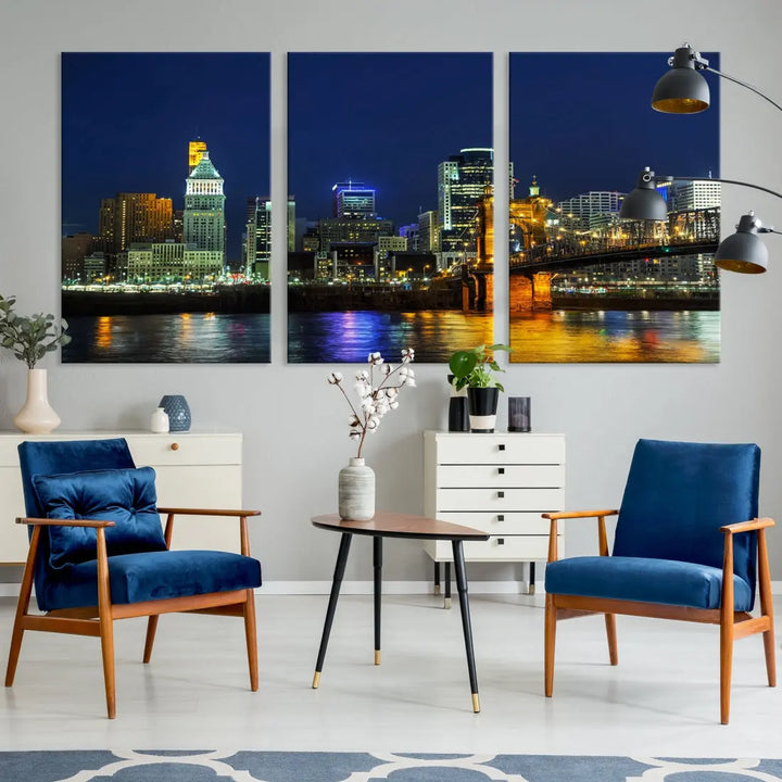 Cincinnati City Downtown Night Skyline Cityscape Canvas Wall Art Print