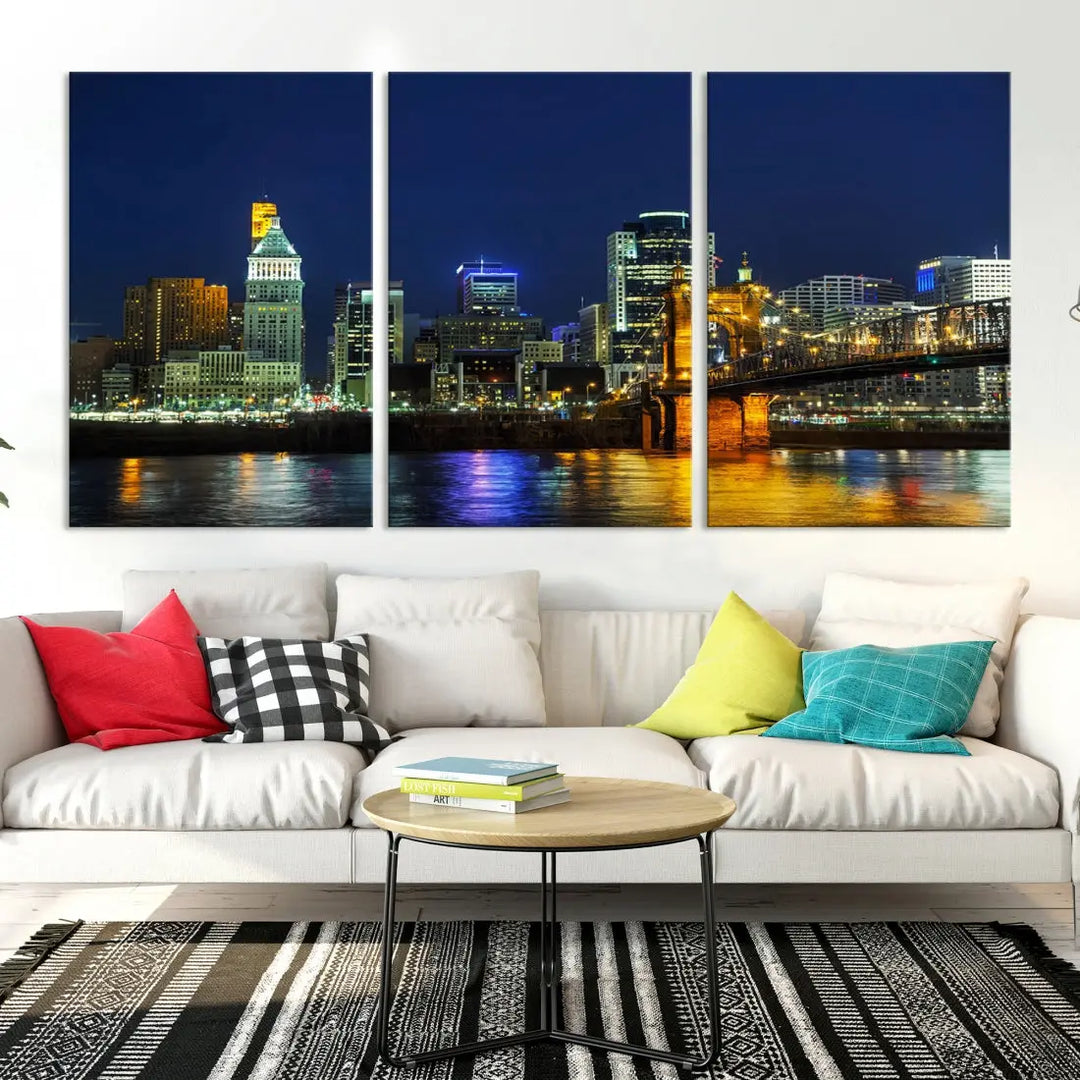 Cincinnati City Downtown Night Skyline Cityscape Canvas Wall Art Print