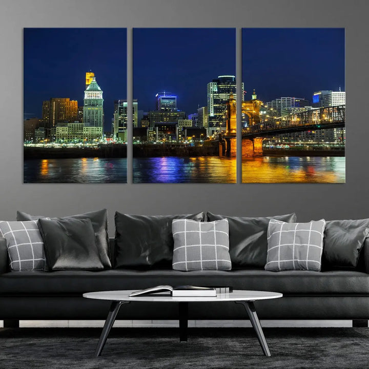 Cincinnati City Downtown Night Skyline Cityscape Canvas Wall Art Print