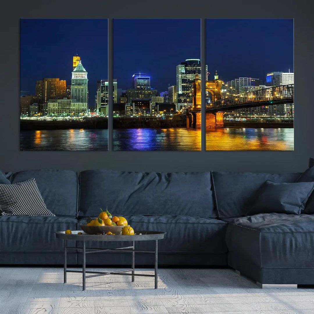 Cincinnati City Downtown Night Skyline Cityscape Canvas Wall Art Print