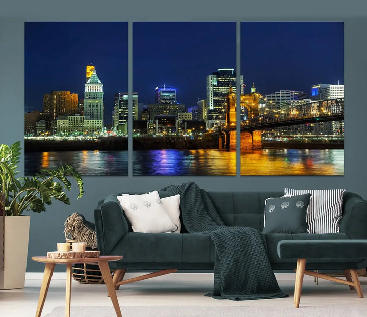 Cincinnati City Downtown Night Skyline Cityscape Canvas Wall Art Print