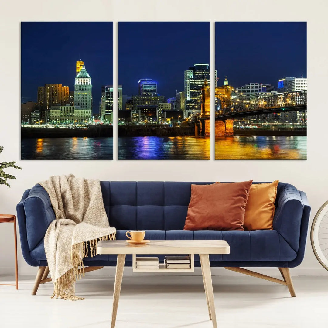 Cincinnati City Downtown Night Skyline Cityscape Canvas Wall Art Print