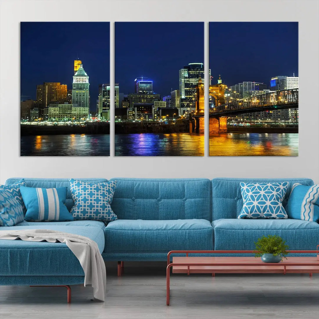 Cincinnati City Downtown Night Skyline Cityscape Canvas Wall Art Print