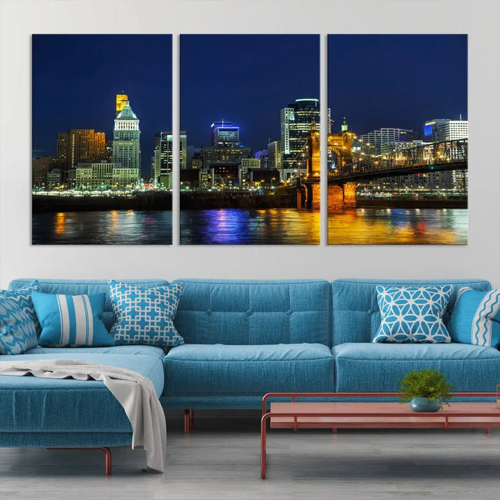 Cincinnati City Downtown Night Skyline Cityscape Canvas Wall Art Print