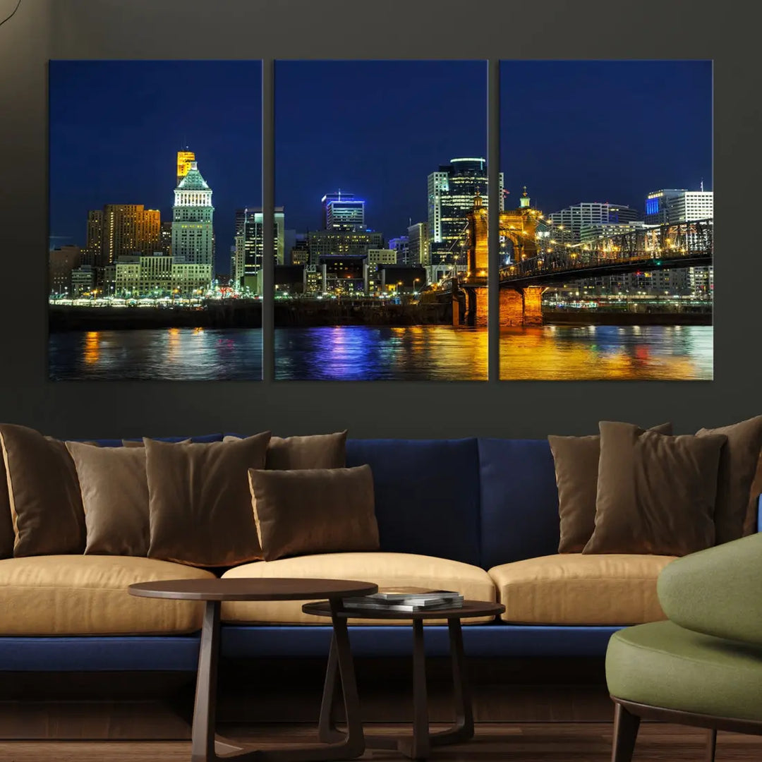 Cincinnati City Downtown Night Skyline Cityscape Canvas Wall Art Print