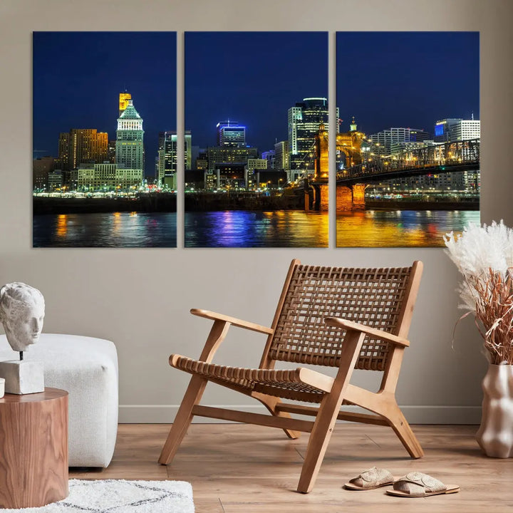 Cincinnati City Downtown Night Skyline Cityscape Canvas Wall Art Print