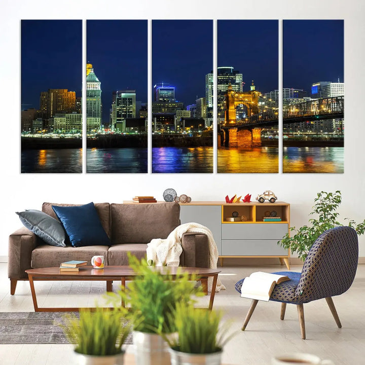 Cincinnati City Downtown Night Skyline Cityscape Canvas Wall Art Print